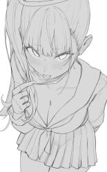 Rule 34 | 1girl, :p, absurdres, bad id, bad twitter id, blue archive, breasts, cleavage, collarbone, freng, greyscale, halo, highres, large breasts, long hair, looking at viewer, mask, monochrome, mouth mask, pleated skirt, saliva, school uniform, serafuku, side ponytail, simple background, skirt, solo, sukeban (smg) (blue archive), surgical mask, tongue, tongue out, white background