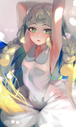 Rule 34 | 1girl, armpits, arms up, blonde hair, blunt bangs, braid, breasts, collarbone, creatures (company), dress, eyelashes, game freak, green eyes, hatching (texture), highres, light rays, lillie (pokemon), long eyelashes, long hair, looking at viewer, nintendo, open mouth, pokemon, pokemon sm, revision, small breasts, solo, torriet, twin braids, very long hair, white dress