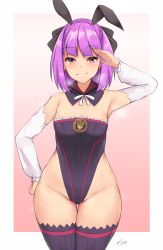 Rule 34 | adapted costume, animal ears, armpits, breasts, commentary, detached sleeves, fake animal ears, fate/grand order, fate (series), flat chest, hand on own hip, helena blavatsky (fate), highleg, highleg leotard, kuavera, leotard, playboy bunny, purple hair, rabbit ears, salute, signature, small breasts, smile, solo, thigh gap, thighhighs, wide hips