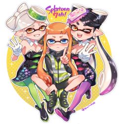 Rule 34 | 3girls, ;d, agent 3 (splatoon), ankle boots, anniversary, bike shorts, black dress, black footwear, black hair, black jumpsuit, black shirt, black shorts, blue eyes, blunt bangs, blush, boots, breasts, butterfly sitting, callie (splatoon), cleavage, closed mouth, collar, commentary request, copyright name, cousins, cross-shaped pupils, detached collar, dress, earrings, english text, fang, floating, food, food on head, frown, gloves, gradient hair, green pantyhose, grin, headgear, high-visibility vest, highres, index finger raised, inkling, inkling girl, inkling player character, jewelry, jumpsuit, leg up, long hair, long sleeves, looking at viewer, marie (splatoon), medium breasts, multicolored hair, multiple girls, nintendo, object on head, one eye closed, one side up, open mouth, orange hair, outline, pantyhose, partial commentary, pointy ears, purple hair, purple pantyhose, shina shina, shirt, shoes, short dress, short hair, short jumpsuit, short shorts, shorts, sitting, smile, sneakers, sparkle, splatoon (series), splatoon 1, squidbeak splatoon, strapless, strapless dress, sushi, swept bangs, symbol-shaped pupils, tentacle hair, twitter username, very long hair, vest, w, waving, white collar, white gloves, white outline, wing collar, yellow vest