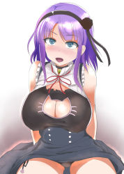 Rule 34 | 10s, 1girl, :d, bare arms, bare shoulders, bell, black flower, black panties, black rose, blue eyes, breasts, cat cutout, cat lingerie, choker, cleavage, cleavage cutout, clothing cutout, dagashi kashi, flower, gradient background, hair flower, hair ornament, hairband, high-waist skirt, highres, jingle bell, large breasts, looking at viewer, meme attire, neck bell, neck ribbon, no legwear, open clothes, open mouth, open shirt, panties, pantyshot, purple hair, red ribbon, ribbon, ringed eyes, rose, shidare hotaru, shirt, sidelocks, sitting, skirt, smile, solo, underwear, virgin killer outfit, yukimaro yukkii