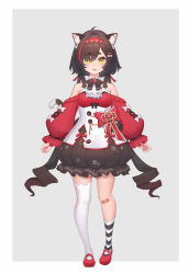 Rule 34 | 1girl, absurdres, ahoge, animal ears, ascot, asymmetrical legwear, bandaid, bandaid on knee, bandaid on leg, bare shoulders, black bow, black bowtie, black dress, border, bow, bowtie, braid, brooch, cat ears, cat girl, cat tail, chun zhuan, commentary request, detached sleeves, dress, drill hair, fangs, frilled dress, frilled sleeves, frills, full body, grey background, hair ornament, hairband, hairpin, highres, hinayuki, indie virtual youtuber, jewelry, kneehighs, long hair, looking at viewer, mary janes, multicolored clothes, multicolored dress, multicolored hair, open mouth, outside border, puffy sleeves, red bow, red dress, red footwear, red hair, red hairband, shoes, simple background, sleeveless, sleeveless dress, slit pupils, smile, socks, standing, streaked hair, striped clothes, striped socks, swept bangs, tachi-e, tail, teeth, thick eyebrows, thighhighs, thighs, twin braids, twin drills, two-tone hair, very long hair, virtual youtuber, white ascot, white border, white socks, x hair ornament, yellow eyes, zettai ryouiki