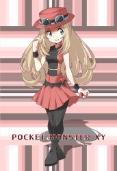 Rule 34 | 10s, 1girl, alternate costume, armpits, belt, black footwear, black jacket, blonde hair, boots, bracelet, breasts, buttons, copyright name, creatures (company), game freak, geru, goggles, green eyes, hat, jacket, jewelry, long hair, nintendo, pink background, poke ball, pokemon, pokemon xy, red belt, red jacket, red skirt, ribbon, serena (pokemon), shadow, shirt, shy, skirt, smile, solo, standing, text focus, thighhighs, tight clothes, tight shirt, wristband