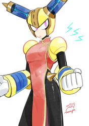 Rule 34 | 1boy, absurdres, android, armor, black bodysuit, bodysuit, breastplate, china dress, chinese clothes, covered navel, cowboy shot, crossdressing, dress, fuse, fuse man, gloves, helmet, highres, joints, looking to the side, male focus, mega man (classic), mega man (series), mega man 11, parted lips, pelvic curtain, purple eyes, red dress, robot, robot joints, shoulder armor, simple background, solo, solo focus, standing, vambraces, wenyu, white background, white gloves, yellow armor, yellow headwear, yellow trim