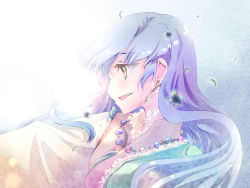 Rule 34 | 00s, 1girl, blue hair, brown eyes, clover, earrings, four-leaf clover, from side, idolmaster, idolmaster xenoglossia, jewelry, kisaragi chihaya, light, long hair, necklace, sideways mouth, single earring, smile, solo, yurine