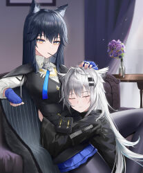 Rule 34 | 2girls, absurdres, animal ears, arknights, black cape, black hair, black pantyhose, black vest, blue gloves, blue shorts, blush, bouquet, breasts, cape, closed eyes, closed mouth, couch, fingerless gloves, flower, gloves, grey hair, hair ornament, hairclip, headpat, highres, hug, indoors, jin mu mulin, lappland (arknights), large breasts, long hair, long sleeves, looking at viewer, mouth hold, multiple girls, on couch, pantyhose, parted lips, purple flower, purple rose, rose, scar, scar across eye, scar on face, shirt, shorts, sitting, table, texas (arknights), texas the omertosa (arknights), vase, very long hair, vest, white shirt, wolf ears, wolf girl, yellow eyes, yuri