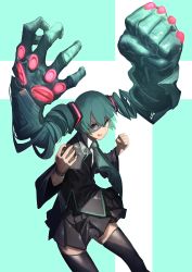Rule 34 | 1girl, :d, absurdres, black jacket, black skirt, black thighhighs, clenched hand, collared shirt, commentary request, fixro2n, green background, green eyes, green hair, green necktie, hair between eyes, hair ornament, hatsune miku, highres, jacket, long sleeves, looking at viewer, necktie, open mouth, pleated skirt, prehensile hair, shirt, skirt, smile, solo, thighhighs, two-tone background, v-shaped eyebrows, vocaloid, white background, white shirt, wide sleeves