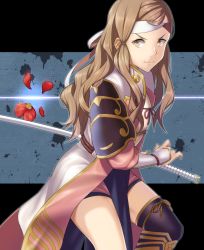 Rule 34 | 1girl, bad id, bad pixiv id, battoujutsu stance, brown eyes, brown hair, fighting stance, fire emblem, fire emblem fates, hana (fire emblem), headband, katana, long hair, nintendo, ready to draw, sheath, sheathed, simple background, solo, sword, tsuchifumazu, weapon