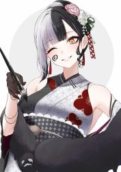 Rule 34 | 1girl, black hair, black kimono, blush, breasts, calligraphy brush, facepaint, flower, gloves, grey hair, grin, hair bun, hair flower, hair ornament, highres, holding, holding brush, holding paintbrush, hololive, hololive english, ink, japanese clothes, kimono, lace, lace-trimmed kimono, lace gloves, lace trim, looking at viewer, medium breasts, mintz912, multicolored hair, official alternate costume, one eye closed, paintbrush, shiori novella, shiori novella (new year), smile, split-color hair, two-tone kimono, virtual youtuber, yellow eyes