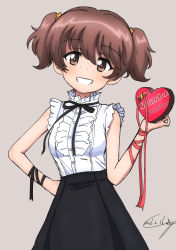 Rule 34 | 1girl, alisa (girls und panzer), artist name, black skirt, brown eyes, brown hair, bukkuri, casual, center frills, collar, commentary, cowboy shot, dated, english text, freckles, frilled collar, frilled sleeves, frills, gift, girls und panzer, grey background, grin, hair ornament, hand on own hip, heart, high-waist skirt, high collar, highres, holding, holding gift, looking at viewer, ribbon, short hair, short sleeves, short twintails, signature, simple background, skirt, smile, solo, standing, star (symbol), star hair ornament, twintails, valentine, wrist ribbon