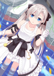 Rule 34 | 1girl, bare shoulders, black bow, blue eyes, blush, bow, breasts, collarbone, commentary, crescent, dress, feet out of frame, frilled dress, frills, gloves, grey hair, hair between eyes, hair bow, long hair, looking at viewer, original, parted lips, sleeveless, sleeveless dress, small breasts, solo, star (symbol), symbol-only commentary, tukino neru, twintails, very long hair, water, waterfall, white gloves