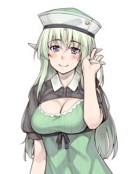 Rule 34 | 1girl, breasts, cleavage, cleavage cutout, clothing cutout, dress, elf, female focus, green dress, green hair, h kasei, hand in own hair, hat, large breasts, long hair, looking at viewer, original, pointy ears, puffy short sleeves, puffy sleeves, purple eyes, shirt, short sleeves, smile, solo, upper body, very long hair