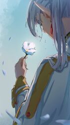 Rule 34 | 1girl, absurdres, capelet, earrings, elf, flower, frieren, highres, holding, holding flower, imori (imori7), jewelry, pointy ears, simple background, solo, sousou no frieren, white capelet, white hair