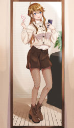 Rule 34 | 1girl, ahoge, blue eyes, breasts, brown hair, cellphone, commentary request, female pov, finger heart, full body, highres, holding, holding phone, idolmaster, idolmaster million live!, izuminnu, long hair, looking at mirror, medium breasts, mirror, nail polish, pantyhose, phone, pov, reflection, selfie, smartphone, solo, standing, swept bangs, taking picture, tokoro megumi
