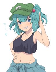 Rule 34 | 1girl, arm up, bad id, bad twitter id, bare shoulders, blue eyes, blue hair, blush, cabbie hat, collarbone, crop top, crop top overhang, grin, hair bobbles, hair ornament, hat, kawashiro nitori, looking at viewer, matching hair/eyes, midriff, navel, no bra, simple background, skirt, sleeveless, smile, solo, text focus, touhou, toujou (toujou ramen), translated, twintails, two side up, upper body, white background