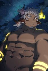 Rule 34 | 1boy, abs, animal ears, arm tattoo, arms at sides, asymmetrical horns, bara, completely nude, cow boy, cow ears, cow horns, dark-skinned male, dark skin, expressionless, eye black, facial hair, fiery horns, forked eyebrows, glowing horns, glowing tattoo, goatee, grey hair, groin, haishiba ame, horns, large pectorals, long hair, looking at viewer, low ponytail, male focus, mismatched horns, muscular, muscular male, nipples, nude, out-of-frame censoring, pectorals, sideburns stubble, sky, solo, spiked hair, star (sky), starry sky, stomach, strongman waist, stubble, tattoo, thick eyebrows, tokyo houkago summoners, tribal, tribal tattoo, turning head, wakan tanka, wakan tanka mugen