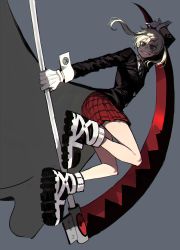 Rule 34 | 1girl, absurdres, black jacket, blonde hair, boots, crazy smile, gloves, green eyes, grey background, highres, holding, holding weapon, jacket, looking at viewer, maka albarn, miniskirt, pleated skirt, ratatatat74, red skirt, scythe, simple background, skirt, smile, solo, soul eater, twintails, weapon, white gloves