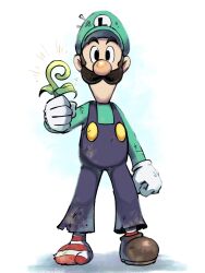 Rule 34 | 1boy, blue overalls, facial hair, gloves, green hat, green shirt, hat, highres, holding, holding plant, looking at viewer, luigi, male focus, mario &amp; luigi: superstar saga, mario &amp; luigi rpg, mario &amp; luigi rpg (style), mario (series), mustache, nintendo, overalls, plant, shirt, shoes, simple background, single shoe, socks, solo, striped clothes, striped socks, white background, white gloves, ya mari 6363