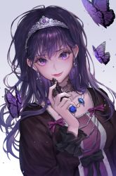 Rule 34 | 1girl, bow, bug, butterfly, chess piece, earrings, gem, highres, bug, jewelry, king (chess), long hair, long sleeves, looking at viewer, medea solon, micha, necklace, purple butterfly, purple eyes, purple hair, smile, solo, tiara, upper body, white background, your throne