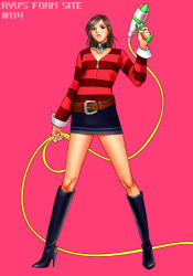 Rule 34 | 1girl, belt, boots, brown hair, cable, collar, full body, high heels, long sleeves, miniskirt, pencil skirt, pink background, pinup (style), ryu (ryu&#039;s form site), shoes, simple background, skirt, solo, standing