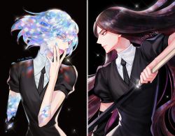 Rule 34 | 2others, amputee, androgynous, artist name, black hair, bort, broken, collared shirt, cracked skin, crystal hair, diamond (houseki no kuni), dyd476, elbow gloves, eyes visible through hair, from side, gem, gem uniform (houseki no kuni), gloves, holding, holding sword, holding weapon, houseki no kuni, lips, long hair, multiple others, necktie, other focus, pale skin, parted lips, pink lips, puffy sleeves, serious, shards, sheath, shirt, short hair, sword, translucent hair, v, very long hair, weapon
