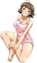 Rule 34 | 00s, 1girl, barefoot, breasts, brown eyes, brown hair, chouhi ekitoku, cleavage, collarbone, feet, grin, ikkitousen, large breasts, looking at viewer, official art, pajamas, pink shirt, pink shorts, red eyes, shirt, short hair, shorts, simple background, sitting, sleepwear, smile, soles, solo, toes, white background