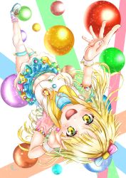 Rule 34 | 1girl, :d, armlet, arms up, ball, bang dream!, belt, blonde hair, blouse, blue skirt, blush, bow, breasts, buttons, commentary, frilled skirt, frills, full body, groin, hair bow, highres, jewelry, leg up, long hair, looking at viewer, medium breasts, michelle (bang dream!), midriff, mixed-language commentary, multicolored background, nail art, navel, necklace, noir2more, open mouth, pink socks, see-through, see-through sleeves, shirt, shoes, sidelocks, signature, skindentation, skirt, sleeveless, sleeveless shirt, smile, sneakers, socks, solo, teeth, thighhighs, tongue, tsurumaki kokoro, upper teeth only, upside-down, white footwear, white shirt, white socks, wrist cuffs, yellow belt, yellow eyes