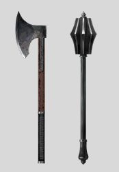 Rule 34 | absurdres, axe, commentary request, grey background, highres, mace, no humans, original, simple background, sollies, still life, weapon, weapon focus