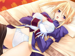 Rule 34 | 1girl, bed, blonde hair, blush, bow, bow panties, bra, breasts, cleavage, framed breasts, game cg, gloves, komori kei, large breasts, lingerie, lying, open clothes, open mouth, open shirt, panties, pantyhose, pillow, princess lover, purple eyes, shirt, silvia van hossen, solo, tongue, underwear, undressing, white gloves, white panties