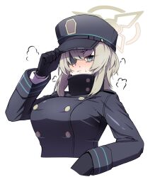 Rule 34 | 1girl, black gloves, black hat, blue archive, blush, breasts, buttons, closed mouth, double-breasted, eyepatch, gloves, grey eyes, halo, hat, kirigakure (iroiro tsukauyo), large breasts, light brown hair, long sleeves, looking at viewer, medium hair, peaked cap, simple background, solo, suou (blue archive), upper body, white background, yellow halo