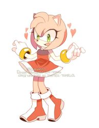 Rule 34 | 1girl, amy rose, animal ears, artist name, bare shoulders, blush, boots, bracelet, breasts, commentary, dress, english commentary, eyelashes, full body, furry, furry female, gloves, gold bracelet, green eyes, hands up, heart, hedgehog ears, hedgehog girl, jewelry, looking at viewer, medium breasts, multicolored footwear, open mouth, pink fur, red dress, red footwear, simple background, sleeveless, sleeveless dress, smile, solo, sonic (series), standing, sucho, tongue, watermark, white background, white footwear, white gloves