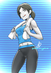 Rule 34 | 1girl, :p, black hair, breasts, closed mouth, female focus, looking at viewer, nintendo, pants, polarityplus, solo, sweatpants, tongue, tongue out, towel, wii fit, wii fit trainer, wii fit trainer (female)