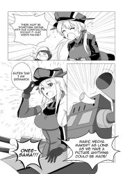 Rule 34 | 10s, 3girls, :d, @ @, ^ ^, bismarck (kancolle), closed eyes, comic, crossover, crying, doraemon, english text, closed eyes, fairy (kancolle), flying sweatdrops, greyscale, hammer, hat, helmet, highres, holding, kantai collection, long hair, machinery, monochrome, multiple girls, open mouth, peaked cap, prinz eugen (kancolle), revision, short hair, smile, tearing up, turret, wangphing