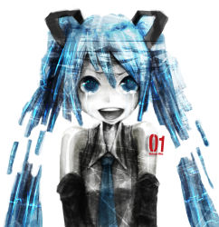 Rule 34 | 1girl, blue eyes, blue hair, crying, crying with eyes open, detached sleeves, digital dissolve, female focus, hatsune miku, hatsune miku no shoushitsu (vocaloid), highres, long hair, matching hair/eyes, monochrome, necktie, smile, solo, spot color, stom, tears, twintails, vocaloid, white background, yamori (stom)