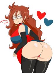 Rule 34 | 1girl, android 21, ass, brown hair, clothes lift, detached sleeves, dragon ball, dragon ball fighterz, earrings, glasses, highres, huge ass, jewelry, jinu (jinusenpai), long hair, looking at viewer, looking back, shiny skin, simple background, skirt, skirt lift, solo, tagme, thighhighs, white background