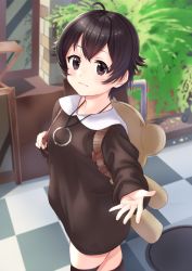 Rule 34 | 1girl, ahoge, animal bag, backpack, bad id, bad pixiv id, bag, blurry, blurry background, breasts, brown eyes, brown hair, brown shirt, brown thighhighs, closed mouth, collared shirt, commentary request, depth of field, hair between eyes, light smile, long sleeves, looking at viewer, original, outstretched arm, puffy long sleeves, puffy sleeves, shirt, sleeves past wrists, small breasts, solo, thighhighs, tsukiman