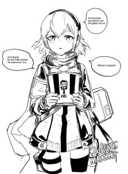Rule 34 | 1girl, alternate language, armband, artist name, bandana, berezovich kryuger (girls&#039; frontline), brand name imitation, bucket of chicken, commentary, dated, english commentary, english text, food, girls&#039; frontline, headset, holding, holding food, jacket, kfc, logo parody, looking at viewer, madcore, monochrome, parted lips, pouch, scw (girls&#039; frontline), short hair, simple background, solo, tactical clothes, thigh pouch, white background