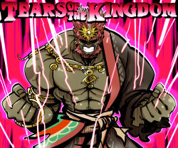 Rule 34 | 1boy, abs, absurdres, beard, clenched hands, commentary request, copyright name, cowboy shot, dark-skinned male, dark skin, eyes in shadow, facial hair, ganondorf, gold, gram 9, grin, highres, jewelry, male focus, muscular, muscular male, necklace, nintendo, no nipples, pectorals, powering up, red background, red hair, rehydrated ganondorf, short hair, smile, solo, the legend of zelda, the legend of zelda: tears of the kingdom, topless male