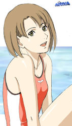 Rule 34 | 1girl, :d, artist name, bare shoulders, beach, black eyes, breasts, brown hair, collarbone, female focus, head tilt, leg lift, long image, looking at viewer, moriya naoki, nono (planetes), ocean, one-piece swimsuit, open mouth, orange one-piece swimsuit, outdoors, planetes, shiny skin, short hair, simple background, sitting, small breasts, smile, solo, striped clothes, striped one-piece swimsuit, swimsuit, tall image, thighs, upper body, vertical-striped clothes, vertical-striped one-piece swimsuit, watermark, white background