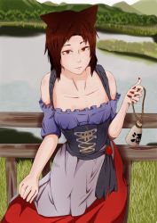 Rule 34 | 1girl, adapted costume, alternate costume, animal ears, breasts, brown hair, collarbone, dirndl, dress, dress grab, artistic error, eyelashes, fence, fingernails, forest, german clothes, grass, hato oji, highres, imaizumi kagerou, lake, lavender dress, lips, long fingernails, long hair, mountain, multicolored clothes, multicolored dress, nail polish, nature, neck, red dress, red eyes, red nails, reflection, scenery, small breasts, smile, solo, touhou, tree, wolf ears, wooden fence, zipper