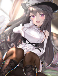 Rule 34 | 1girl, absurdres, accidental exposure, azur lane, badge, bare shoulders, black hair, black panties, blurry, blurry background, blush, boots, breasts, chromatic aberration, cross-laced footwear, dutch angle, fang, from below, gloves, hand on own cheek, hand on own face, hat, head tilt, highres, index finger raised, knee boots, knees, large breasts, lips, long hair, looking at viewer, open mouth, pamiat merkuria (azur lane), panties, pantyhose, pantyshot, purple eyes, shinka (user rcem8835), sideboob, sitting, skin fang, smile, solo, swept bangs, thighhighs, underwear, uniform, upskirt