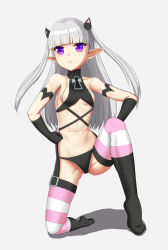 Rule 34 | 1girl, absurdres, blunt bangs, calligraphy brush, calligraphy brush (medium), demon girl, fang, fang out, full body, highres, huoying huihui, long hair, naruse maria, paintbrush, pink thighhighs, pointy ears, purple eyes, shinmai maou no testament, solo, thighhighs, white hair