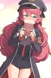 Rule 34 | 1girl, black hat, black jacket, black shirt, black skirt, blue archive, book, closed mouth, commentary, commission, hair between eyes, hat, highres, holding, holding book, iroha (blue archive), jacket, long hair, looking at viewer, necktie, purple eyes, red hair, red necktie, shirt, skirt, smile, solo, thighs, twin (tt lsh)