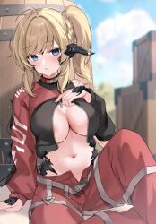 Rule 34 | 1girl, ahoge, areola slip, asymmetrical clothes, au ra, barrel, belt, blonde hair, blue eyes, blurry, blurry background, blush, braid, breasts, closed mouth, crate, day, depth of field, final fantasy, final fantasy xiv, highres, large breasts, long hair, long sleeves, looking at viewer, music, navel, outdoors, pants, parted lips, red pants, scales, side ponytail, sidelocks, singing, sitting, sparkle, suzumori (su2525), sweat, zipper pull tab