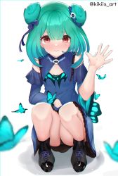 Rule 34 | 1girl, absurdres, black panties, blue hair, blush, breasts, female focus, flat chest, full body, green hair, highres, hololive, kikiis art, looking at viewer, panties, short hair, simple background, small breasts, solo, underwear, uruha rushia, uruha rushia (1st costume), virtual youtuber, white background