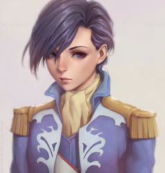 Rule 34 | 1girl, androgynous, artist name, blue eyes, blue hair, closed mouth, commentary, ascot, epaulettes, expressionless, eyelashes, gundam, gundam wing, hair over one eye, highres, lips, lipstick, looking at viewer, lucrezia noin, makeup, military, military uniform, miura-n315, nose, short hair, solo, uniform