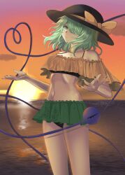 Rule 34 | 1girl, absurdres, bikini, black hat, bow, closed mouth, cloud, commentary, commentary request, feet out of frame, frilled bikini, frills, gradient sky, green hair, green nails, hair ornament, hat, hat bow, heart, heart of string, highres, horizon, komeiji koishi, kuro wa shinoru, looking at viewer, sky, solo, standing, sunset, swimsuit, third eye, touhou, yellow bow