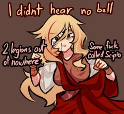 Rule 34 | 1girl, armor, black eyes, bleeding, blonde hair, blood, bracelet, breastplate, breasts, brown background, centurii-chan (artist), clenched hands, commentary, english commentary, english text, greco-roman clothes, highres, jewelry, long hair, looking at viewer, medium breasts, meme, nosebleed, open mouth, original, profanity, red robe, ring, robe, roman clothes, short sleeves, simple background, solo, toga, white robe