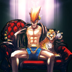Rule 34 | 1boy, abs, adon (street fighter), animal, armchair, chair, collarbone, gradient background, hand wraps, headband, highres, jaguar, male focus, mongkhon, muscular, orange hair, robe, shorts, sitting, solo, spread legs, street fighter, striped, striped background, thick thighs, thighs, torimeiro