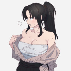 Rule 34 | 1girl, bare shoulders, black hair, breasts, character request, cleavage, collarbone, highres, japanese clothes, large breasts, looking to the side, onsen tamago (hs egg), original, ponytail, sarashi, solo, sweat, white background